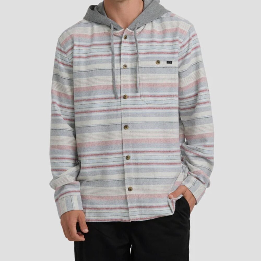 Billabong Baja Hooded Button Down Striped Flannel Shirt Size L